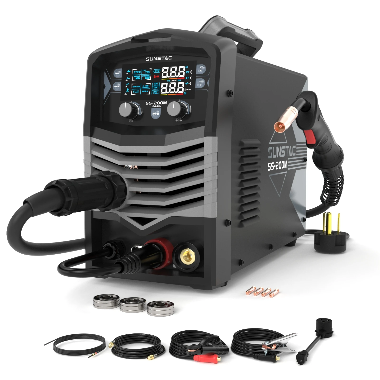 200A 110/220V 5-in-1 MIG Welder with Aluminum Spool Gun,Flux Core & Lift TIG, IGBT Synergic, Digital Display,Overload Protection