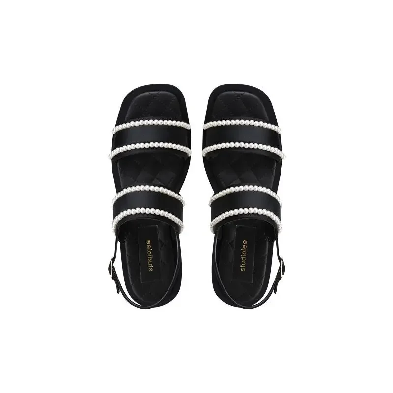 2022 Women\'s Pearl Sandals Female Ankle Buckle Flats Ladies Non Slip Summer Sandalias Mujer Peep Toe Woman Beach Footwear