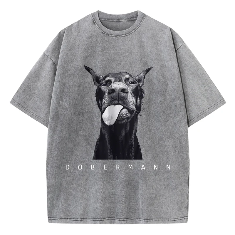 

Модные креативные стираные футболки с принтом добермана, женская хлопковая футболка с круглым вырезом, большие топы с кислотной стиркой, летняя женская одежда