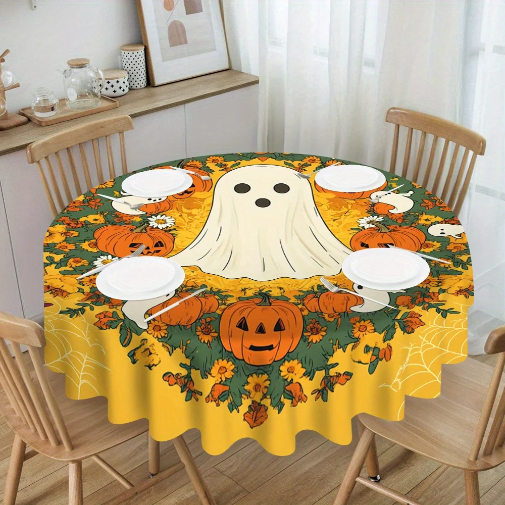 One Halloween-themed circular tablecloth, Halloween table decoration, woven polyester material.