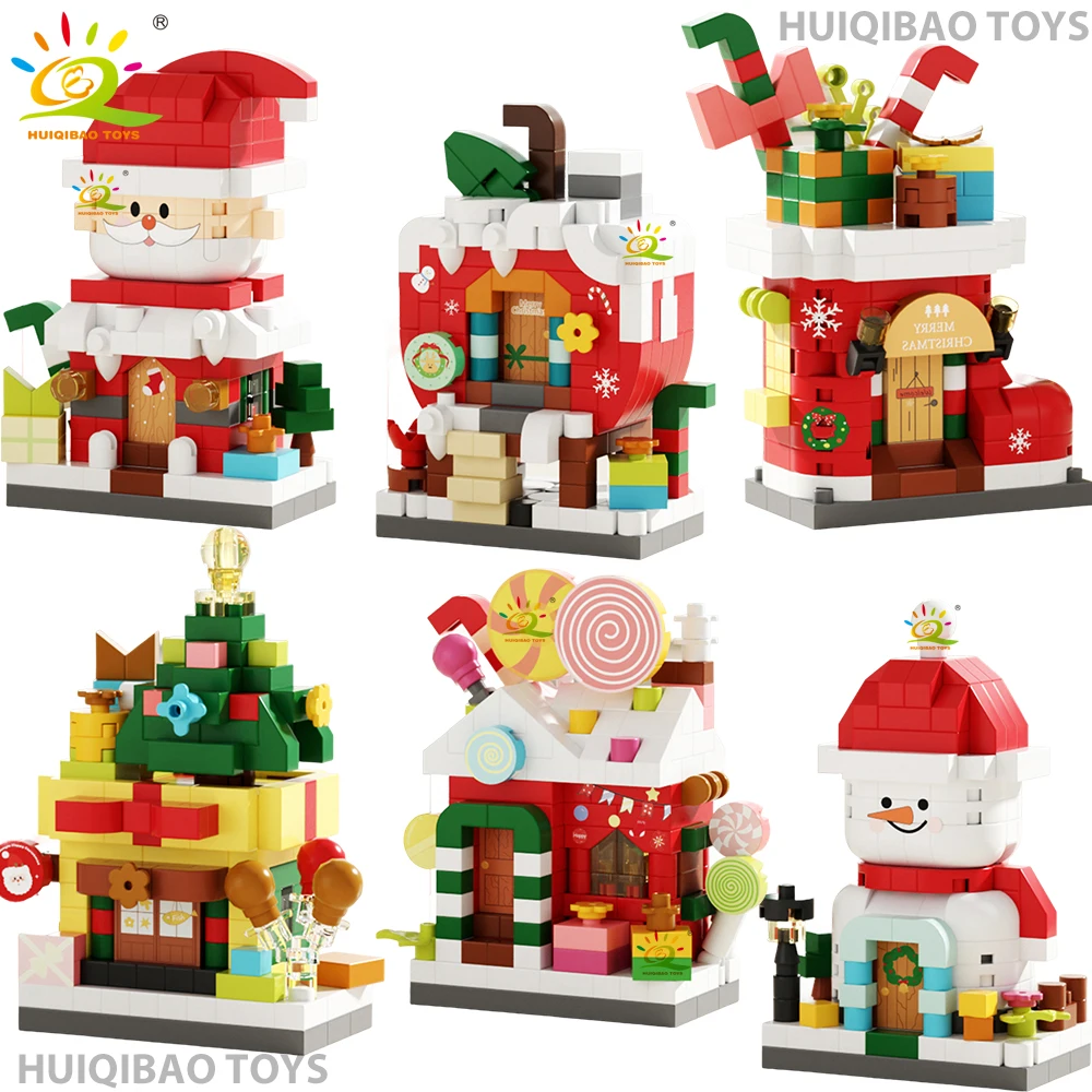 HUIQIBAO – maison à Dessert de noël, arbre, modèle père noël, bloc de construction, briques à monter soi-même, jouets pour enfants et adultes, ornement de bureau, cadeau