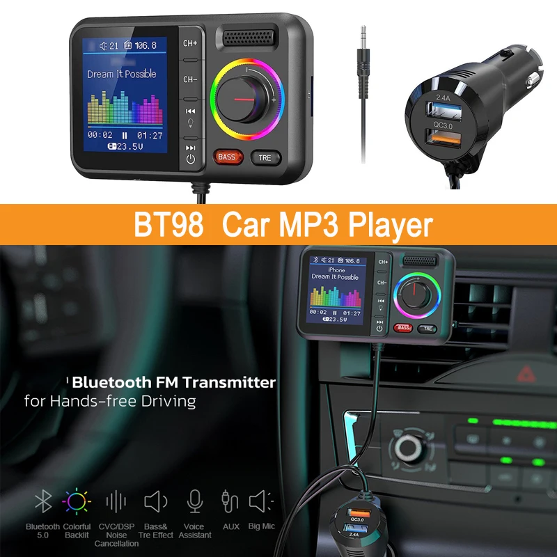 

BT98 Автомобильный Bluetooth MP3-плеер, зарядное устройство прикуривателя, 1,5-дюймовый цветной экран, FM-передатчик, громкая связь, голосовой помощник