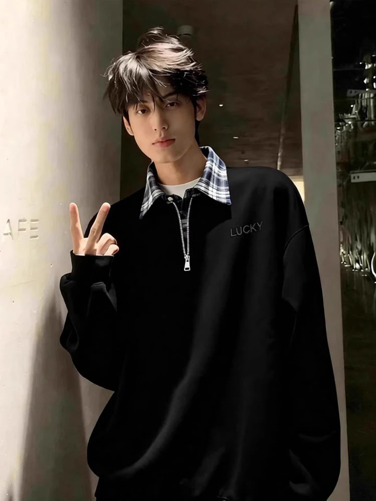 

Мужская толстовка American Style с флисовой подкладкой, воротником в клетку, длинными рукавами, на молнии, для зимы, повседневная, свободного кроя, как внутренний слой