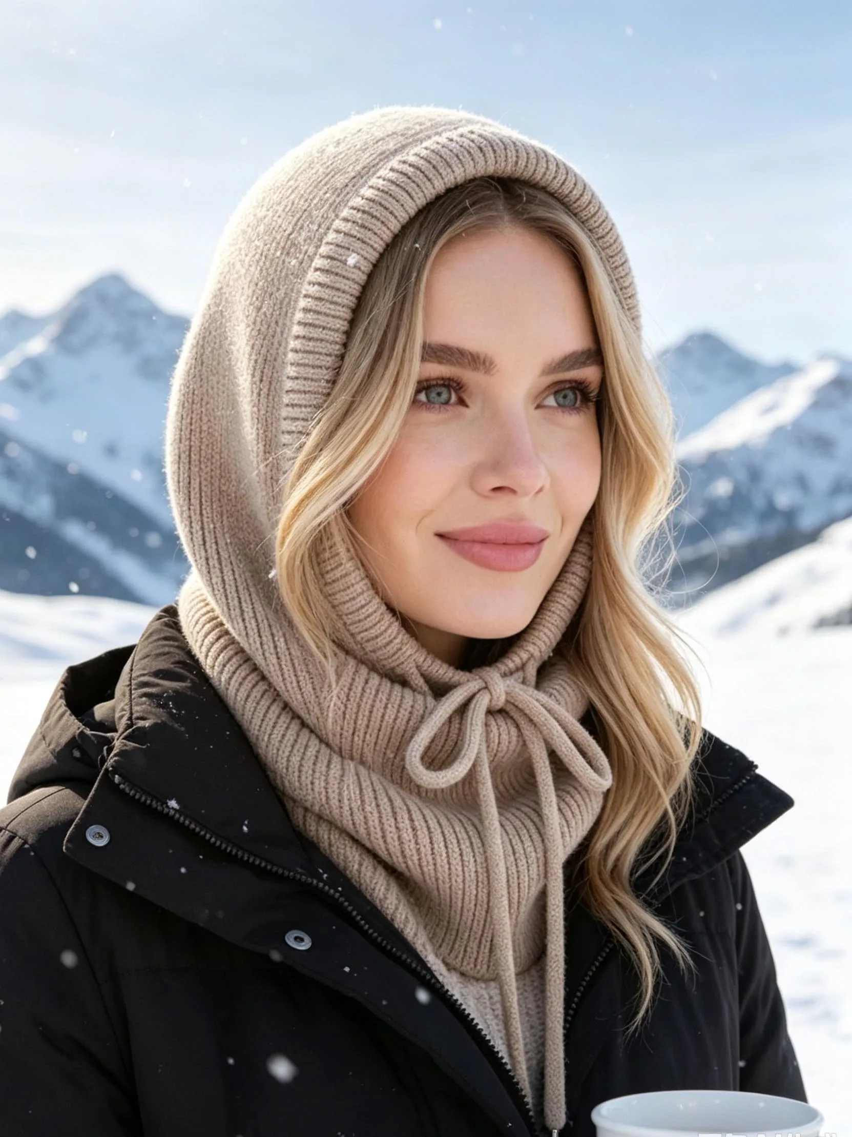 Winter Knit Balaclava Hooded Scarf 2 In 1 Neck Warmer Earflap Windproof Drawstring Beanie for Skiing Outdoor Women