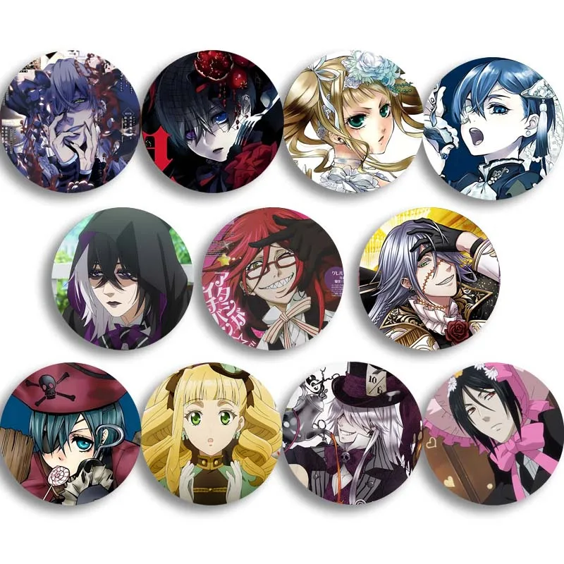Insignia de mayordomo negro de Anime japonés, broches redondos creativos de hojalata, alfileres de solapa suaves, sombrero, decoración de ropa, regalo Ciel Sebastian