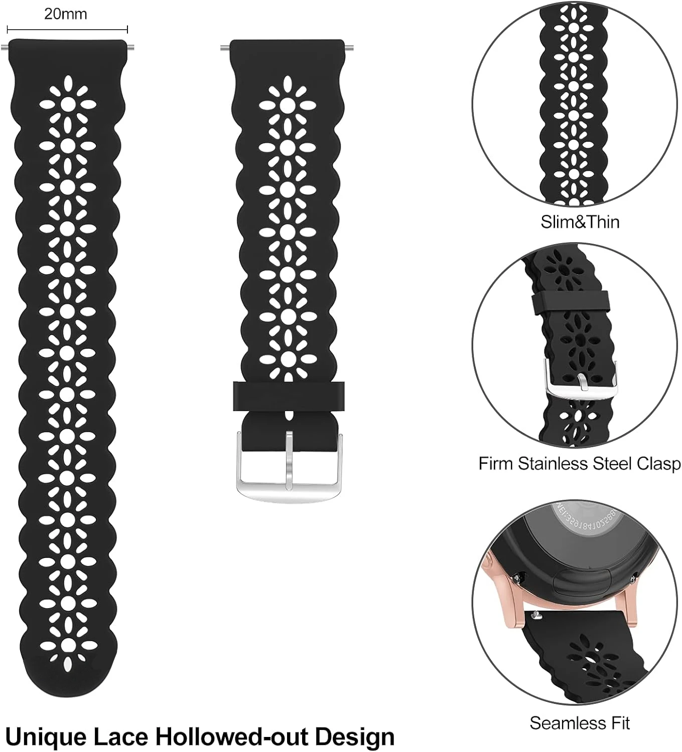 Hollow-out Lace Band for Samsung Galaxy Watch 7/5/5 pro/6 classic/Active 2 Sport Silicone Strap 20mm 22mm for Huawei GT 4-3-2-2e