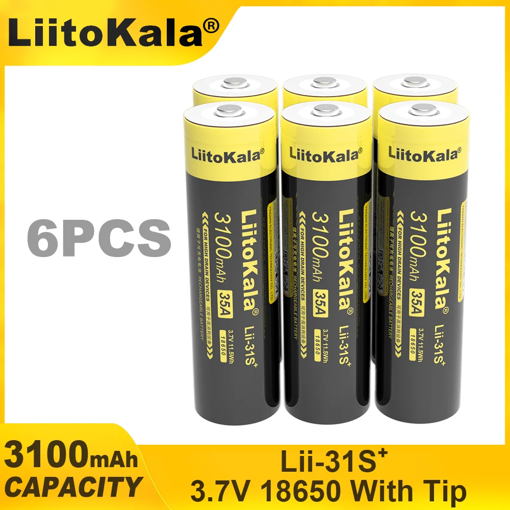 1-6PCS New LiitoKala Lii-31S 3.7V/4.2V 18650 Li-ion Battery 3100mA 35A Power Battery For High Drain Devices Flashlight