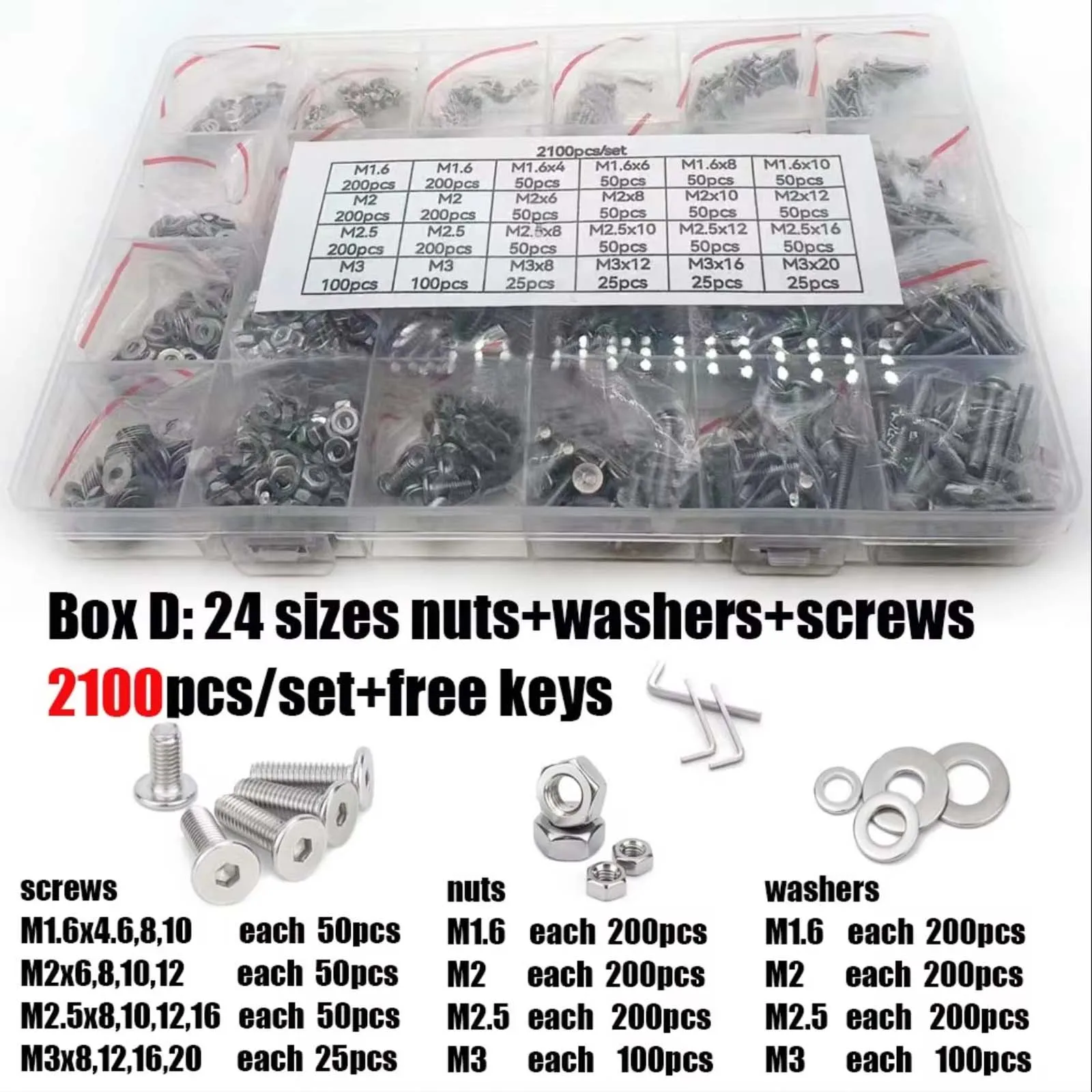 400/2100X M1.6 M2 M2.5 M3 M4 M5 304 Stainless Steel Hexagon Hex Socket Thin Flat Wafer Head Screw Bolt Nut Washer Assortment Kit