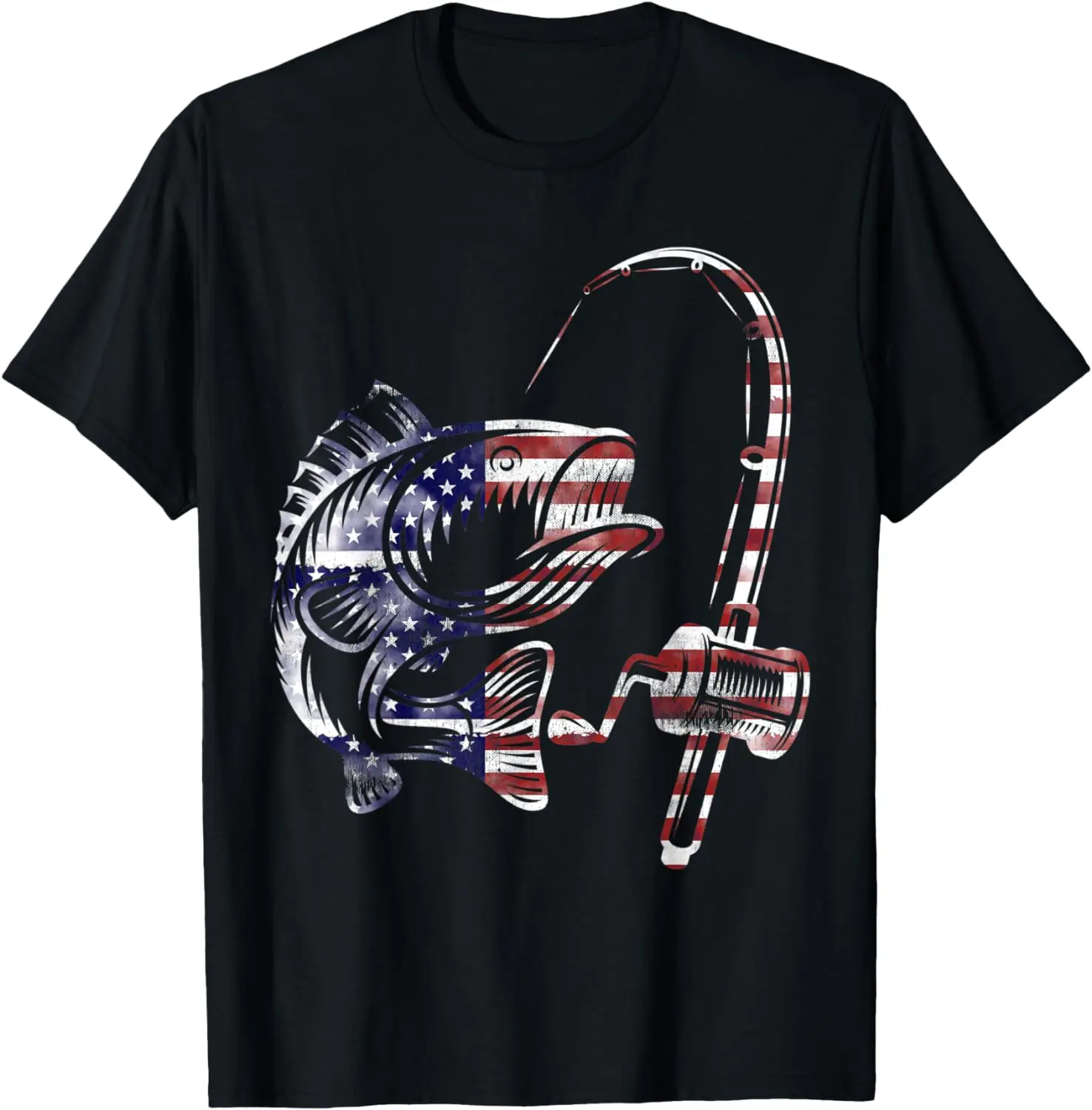 

Bass Fishing USA American Flag Rod and Reel T-Shirt