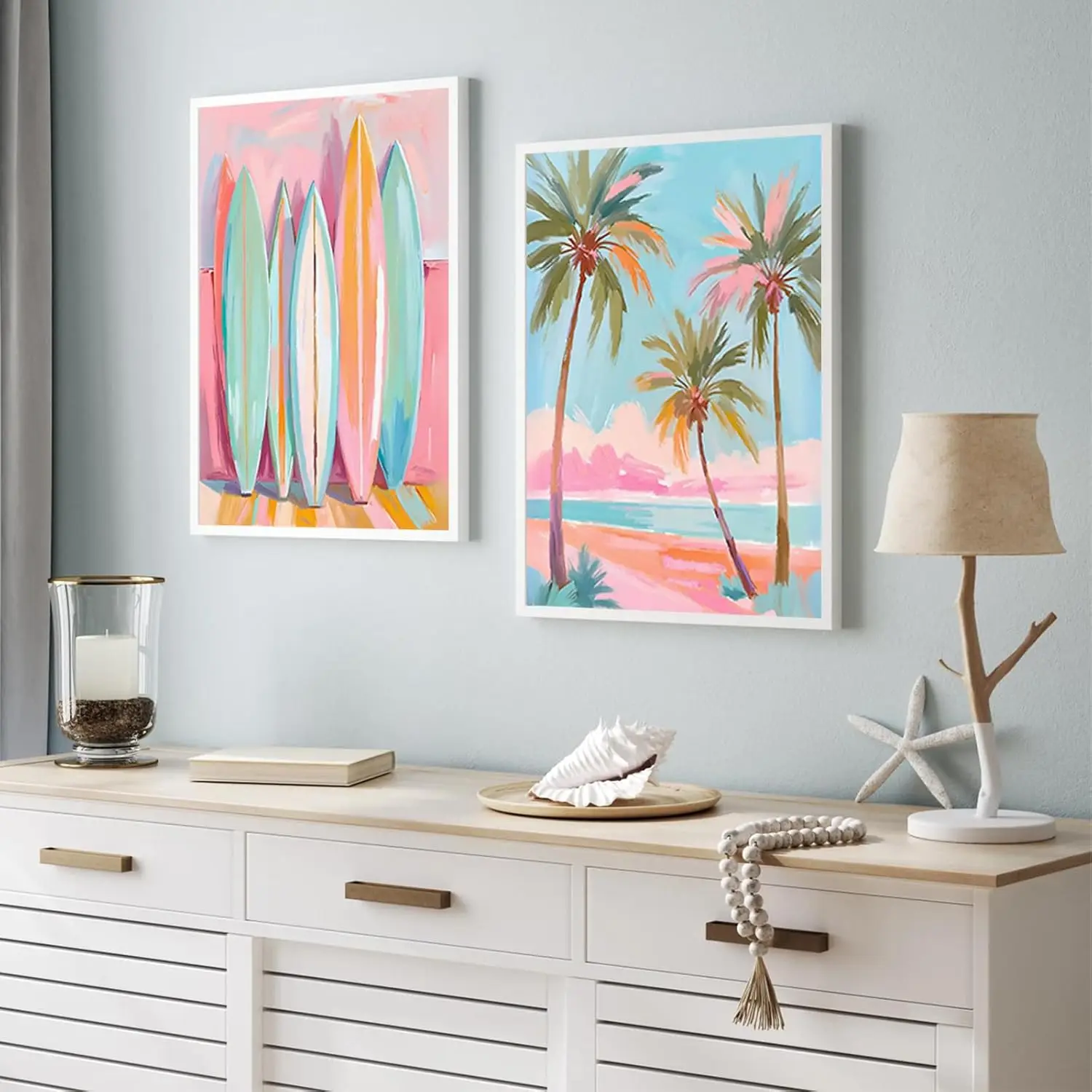

2pcsSummer Colorful Coconut Tree Surfboard Canvas Poster Picture Wall Art Decorative Painting Nordic Living Room Home Decoration