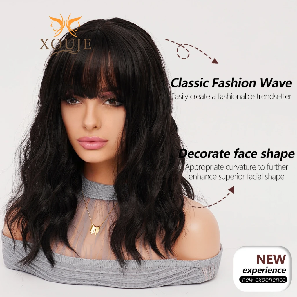 Natural black wig long curly bob synthetic heat resistant wig natural wavy bangs wig daily use women\'s holiday party high qualit