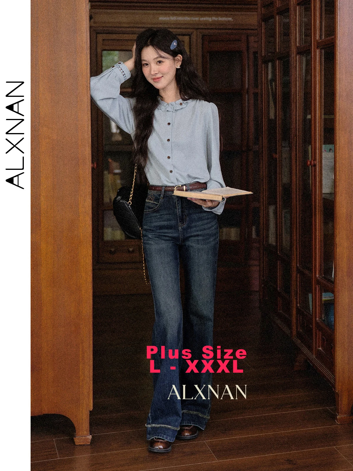 

ALXNAN синяя рубашка больших размеров, элегантные офисные женские блузки с длинными рукавами, 2025 г., женские рубашки на деревянных пуговицах с воротником на шнуровке D12866