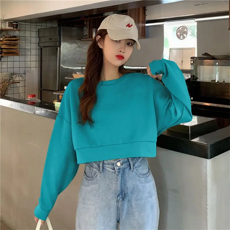 MEXZT 100% Cotton Women Cropped Sweatshirt Pullovers Fashion Harajuku Loose Solid Color Tops Spring Korean Casual Lady Clothes