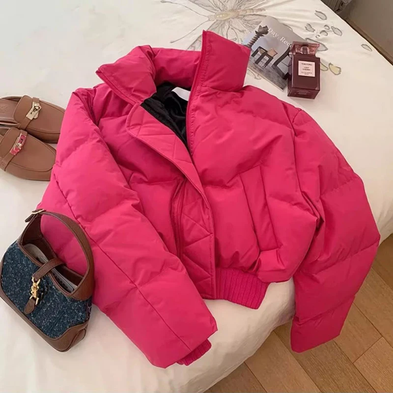 ABRINI Red Women Thicken Cotton-padded Jacket Mock Neck Warm Zipper Down Coat Fall Winter Casual Parkas Thermal Loose Outerwear