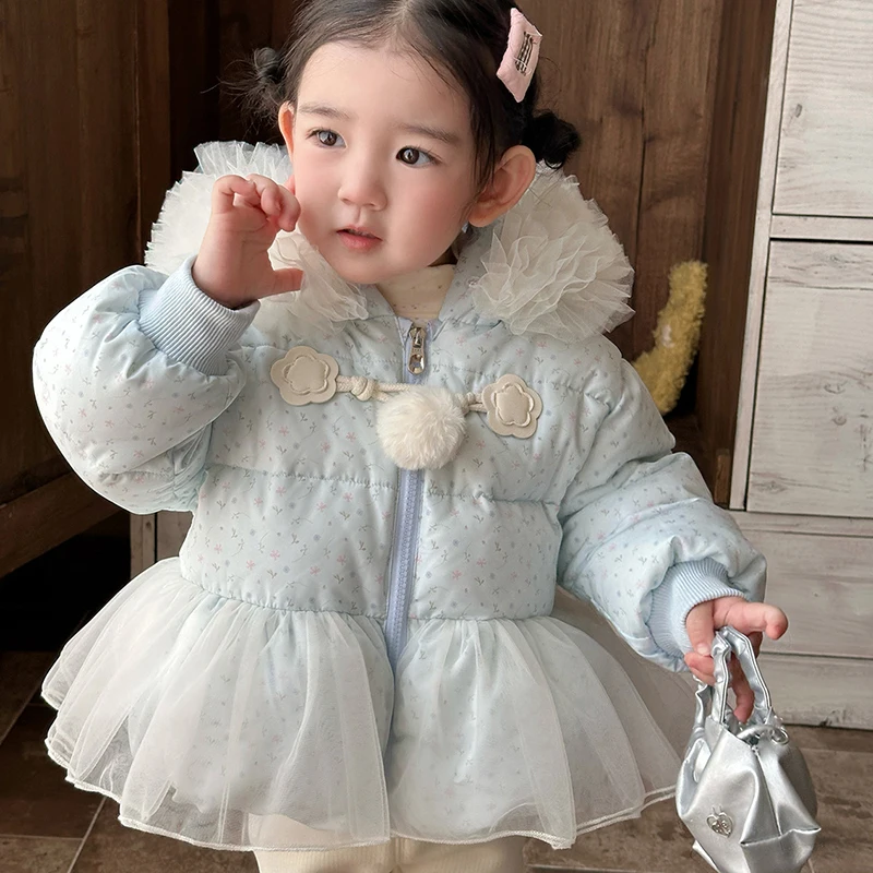 

Куртка на утином пуху для девочек, зимний комбинезон с капюшоном, зимняя мода, тюлевое пальто-пуховик, детская верхняя одежда принцессы на молнии на пуговицах с волосами