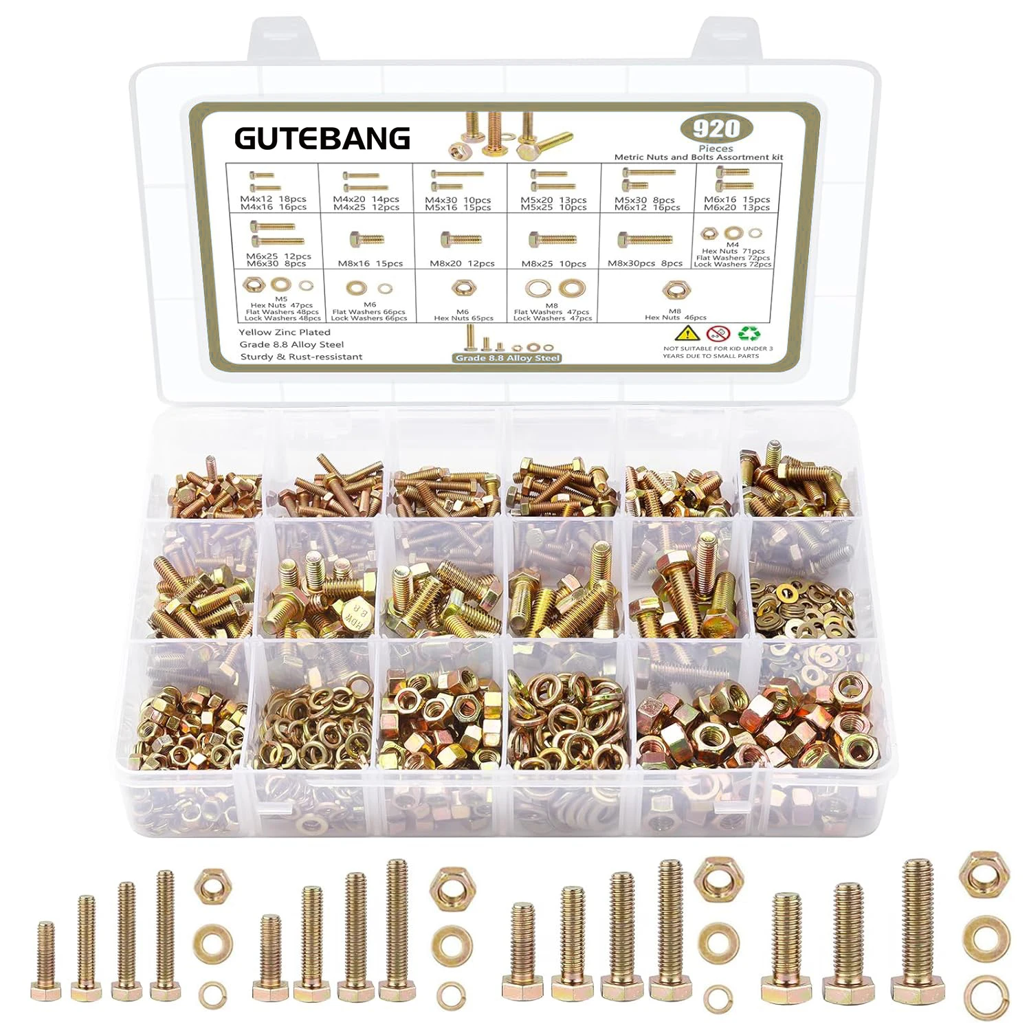 

920-Piece Set of Grade 8.8 M4/M5/M6/M8 Metric Heavy-Duty Hex Head Bolts and Nuts, Yellow Zinc-Plated, 18 Common Sizes