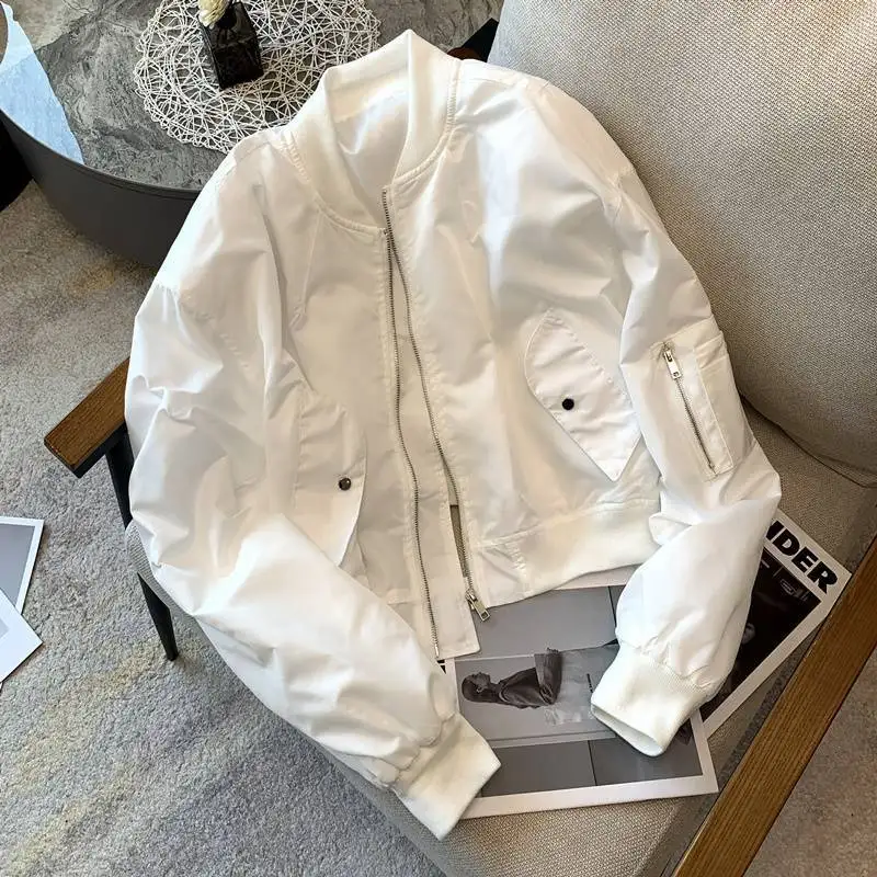 Women's Cropped Bomber Jacket, Stand Collar Zip Up Casual Aviator Coat, Lightweight Spring Fall Outerwear