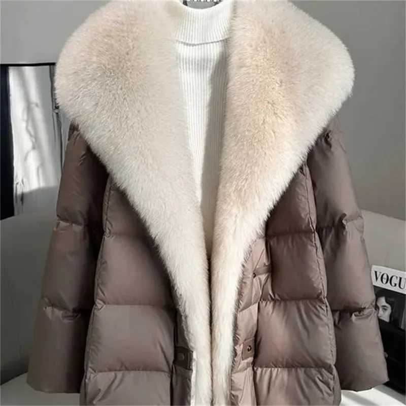 2025 Winter New Medium long Loose White goose Down Coats High end Faux Fox fur detachable Large Lapel fur Down Jacket For women