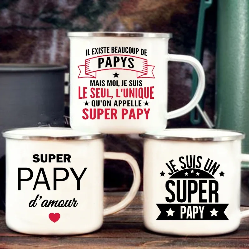 Super Papy Print Mugs Creative Coffee Cups Drink Water Tea Camping Cup Enamel Mug Outdoor Home Handle Drinkware Gift for Grandpa