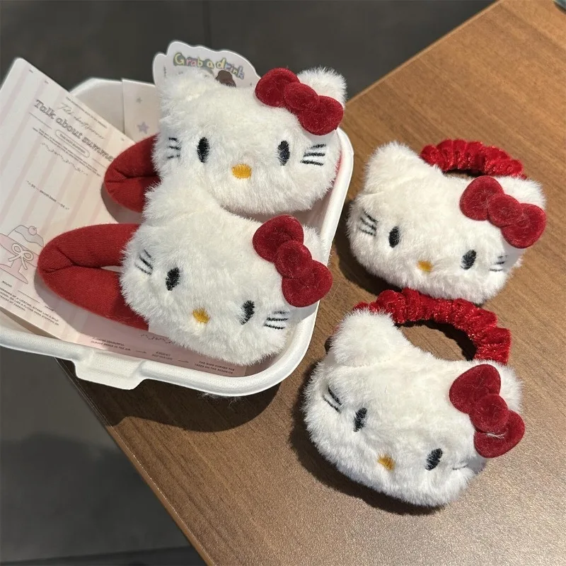 Sanrio Hello Kitty Hairpin Autumn and Winter Cute Plush Kitty Sweet Red Bow Hairpin Girl Bangs Cartoon BB Hair Accessories