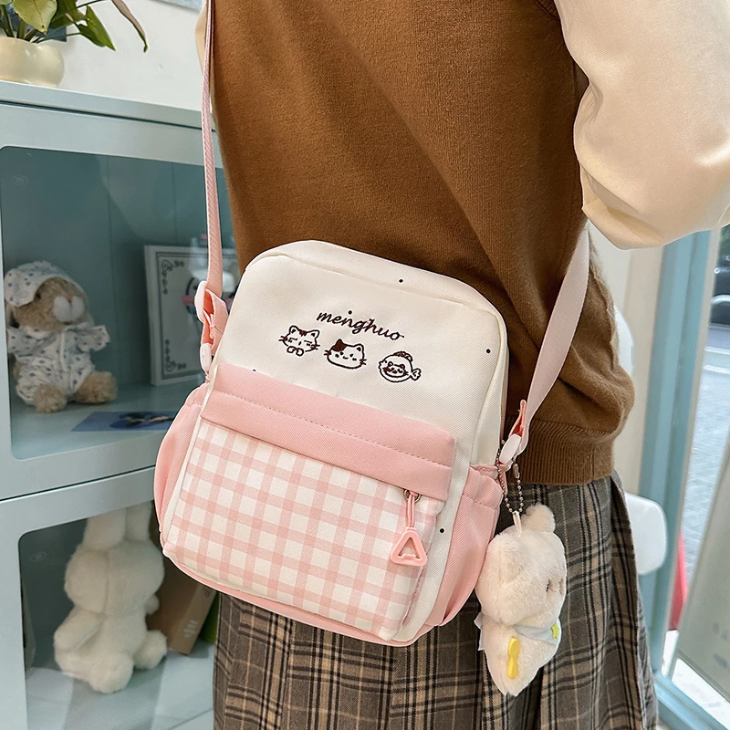 

Kawaii Messenger Bag Women Casual Nylon Purse Plaid Cat Embroidered Shoulder Bags Sweet Girls Small Capacity Bolsas Femininas