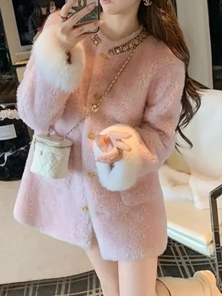 

Розовое пальто из овечьей шерсти средней длины, женское золотое однобортное пальто с пряжкой, теплое и модное универсальное темпераментное пальто