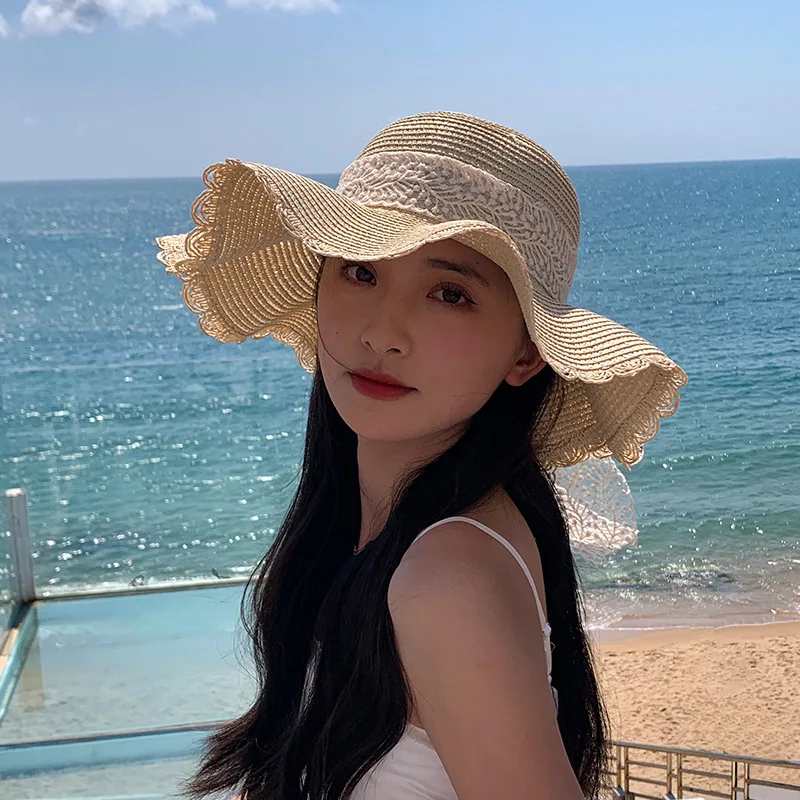 Women's Straw Hat Spring and Summer Lace Bow Large Brim Breathable Foldable Sunshade Caps Beach Cap Sweet Fisherman