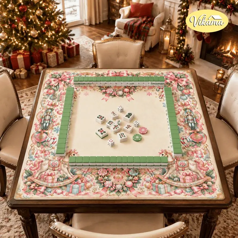 VIKAMA Christmas Mahjong Mat Rocking Horse Gifts Bows Candy Washable Folding Mahjong Tablecloth Table Pad Xmas Home Decor