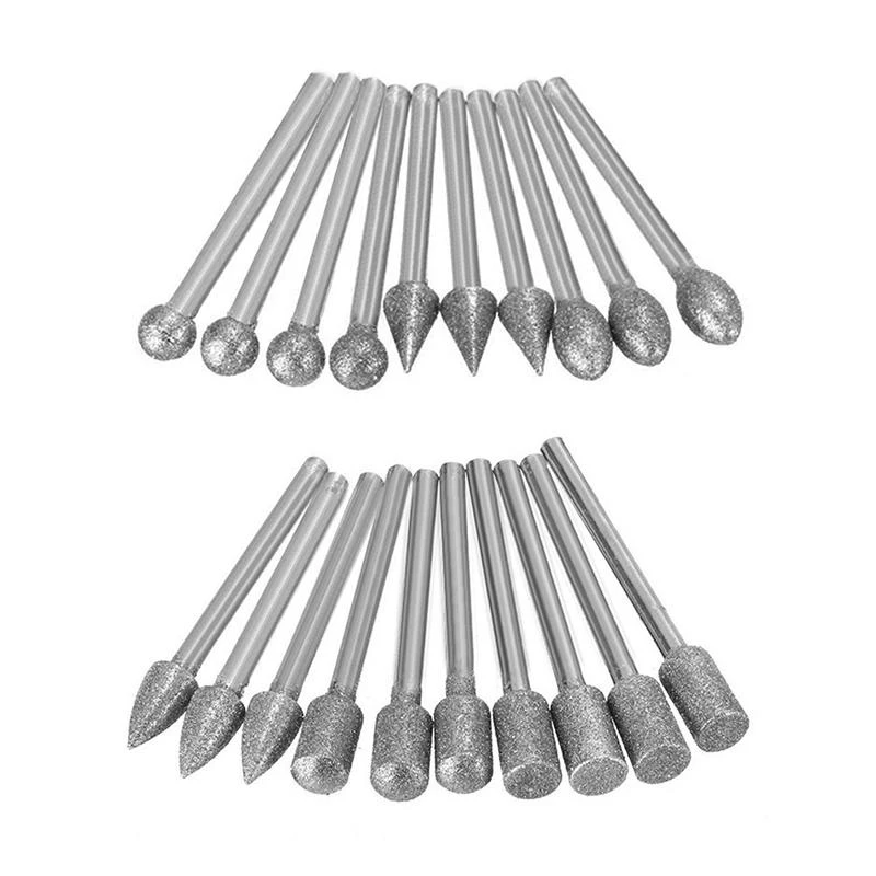 E06B 20Pcs 3mm Shank Diamond Burr Bit Cut Engraving Carving Rotary Drill Bits New
