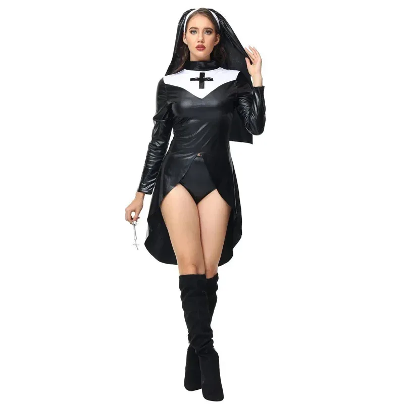 

Aboutcos Women Saintlike Seductress Costume Faux Leather PVC Wetlook Nun Costume Halloween Cosplay Fancy Dress