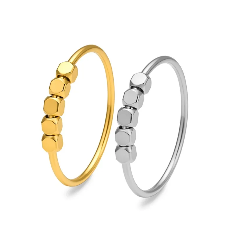 Stainless Steel Spinner Square Beads Thin Ring Wedding Band for Women Girl Size 6-10
