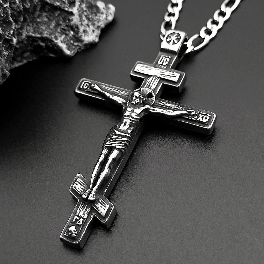 Vintage Orthodoxe Jesus Kreuz Anhänger Halskette für Frauen Männer Silber Farbe Edelstahl Kruzifix Taufe Hip Hop Kette Schmuck – Detail 5