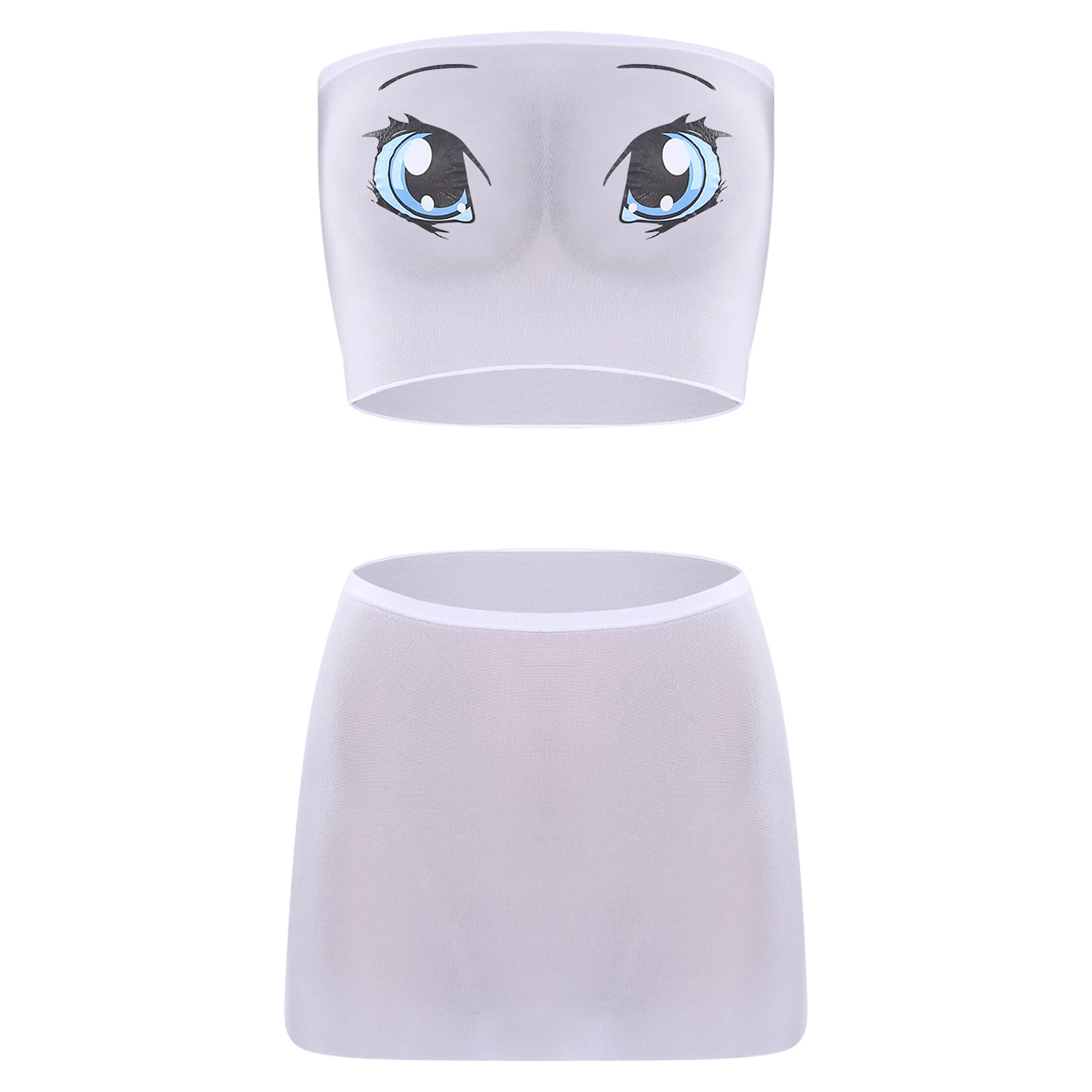 Conjunto de lingerie transparente feminino expressão dos desenhos animados impressão nightwear bandeau sem alças colheita superior e minissaia para namoro nightwear