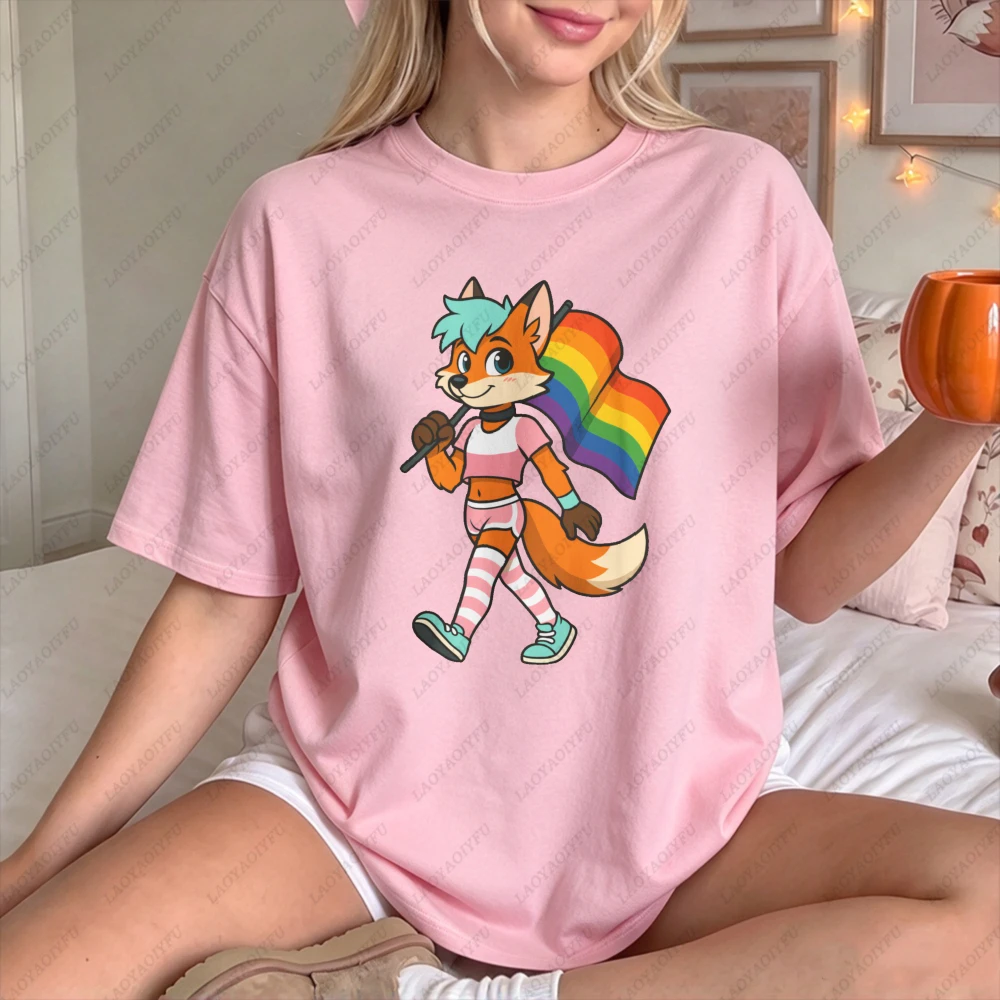 Pride Rainbow Flag Fox Furry LGBTQ Graphic Women Casual Short Sleeve T-Shirt Vibrant Gay Pride Parade Ally Festival Gift Top