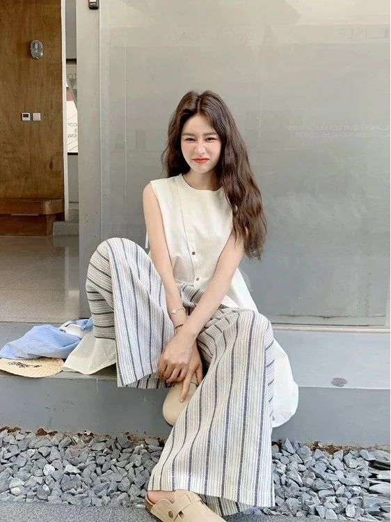 

Summer New Women's Sleeveless Asymmetrical Design Wide Leg Pants Two-Piece Set Striped Pattern Casual Fashion Outfit