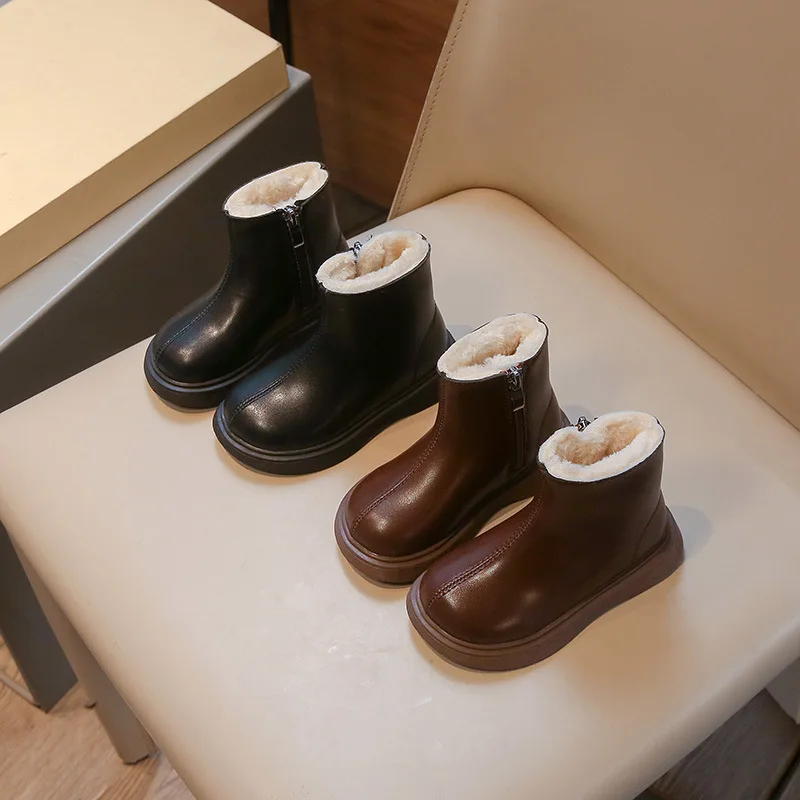 Autumn Winter Children's Boots Fashion Simple Style Girl's Ankle Boot Causal Versatile Black Kid Short Leather Boots Side Zipper