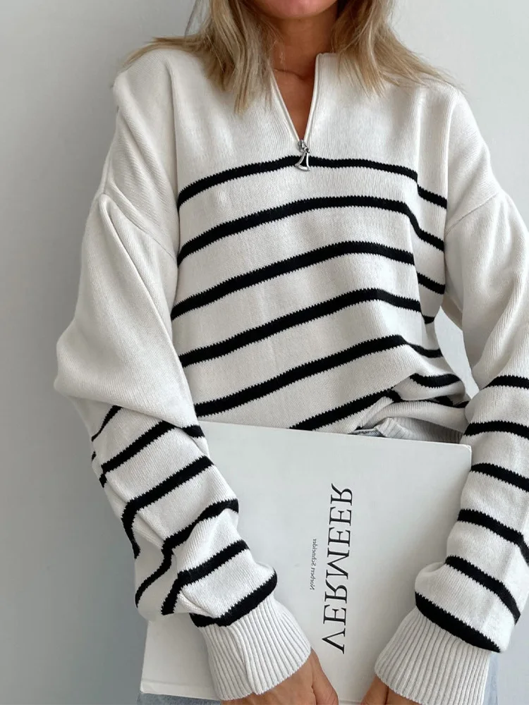 

zipper round neck striped sweater women's autumn and winter loose large size casual contrast horizontal stripe long sleeve