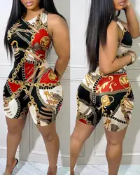 2022 Quần Áo Thun Quần Jumpsuit Khăn Quàng Dây Chuyền In Hình Cutout Tay Skinny Romper Áo Liền Quần Nữ Quần Áo Thời Trang