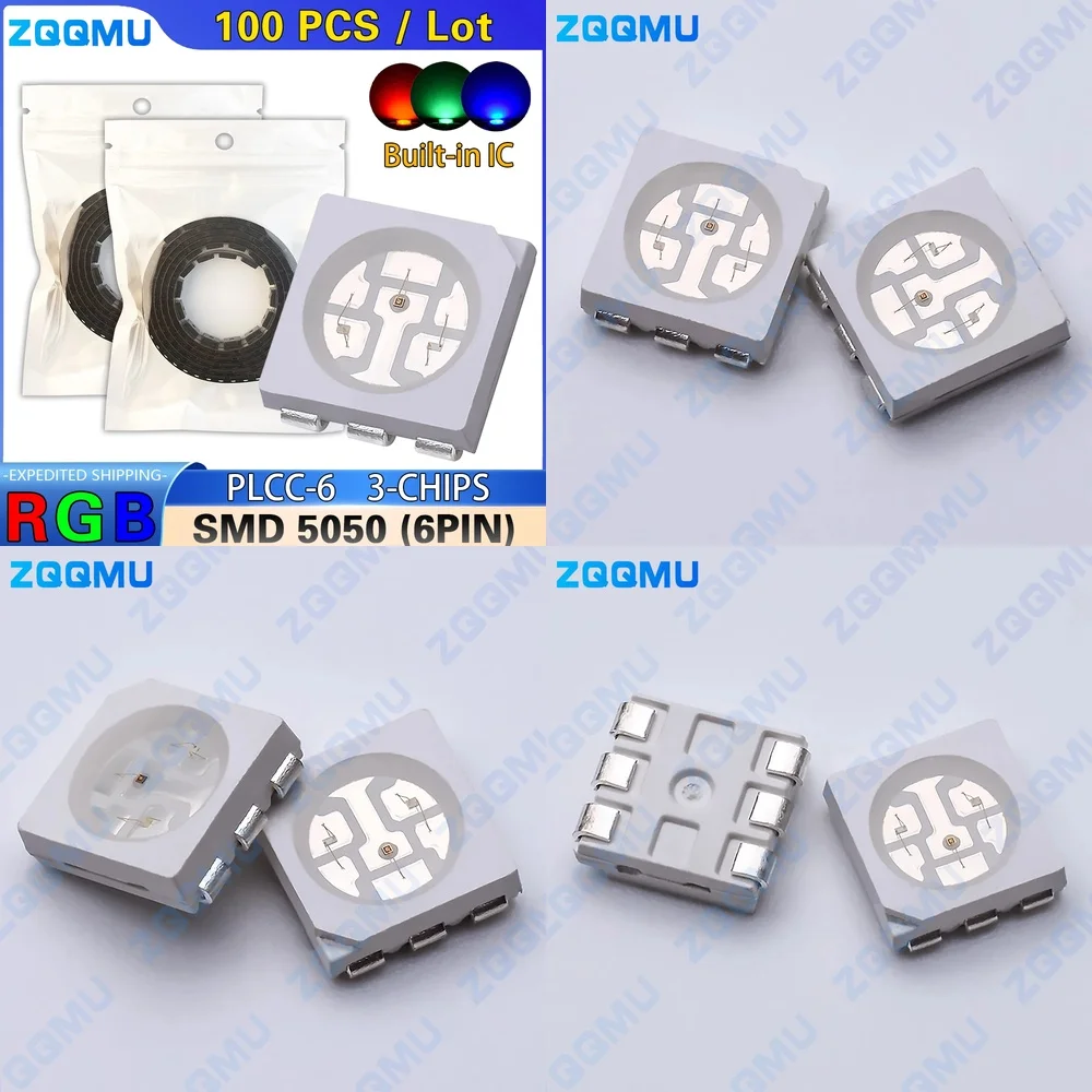 100pcs 5050 RGB SMD LED Chip PLCC-6 3 Chips Super Bright Lighting for DIY PCB Projects High Quality SMD Lamp Strip Replacement