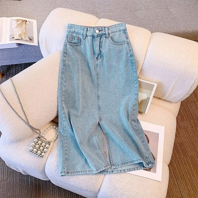 

Женская летняя джинсовая юбка А-силуэта 2026 года, утягивающая, с высокой талией, с разрезом, средней длины, облегающая, премиум-класса, винтажная, модная