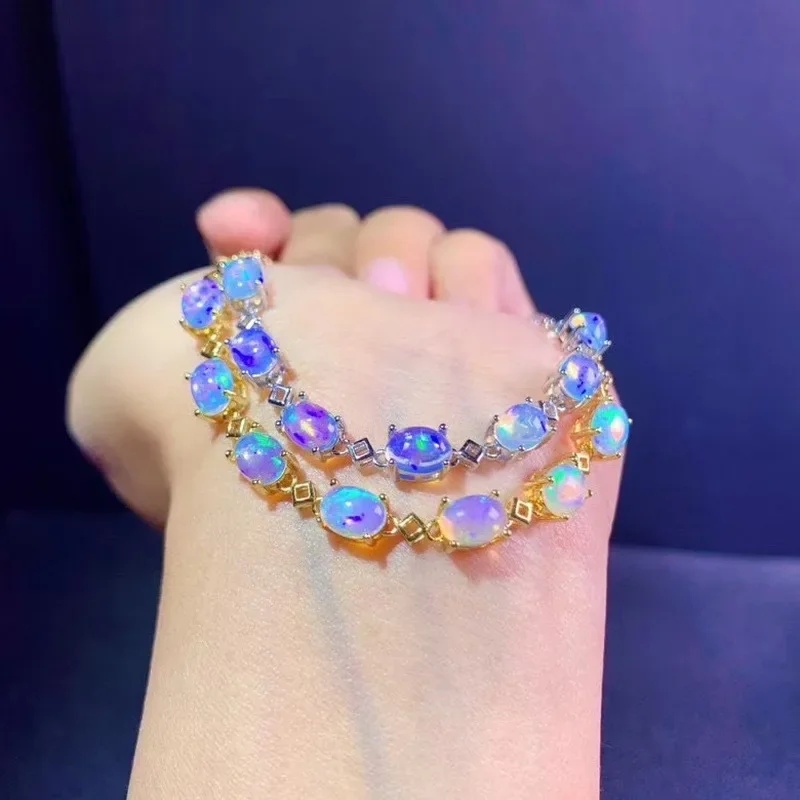 

Women Natural Opal Gem Bracelet Genuine Solid 925 Sterling Silver White Fire Color Precious Stone Fine Jewelry