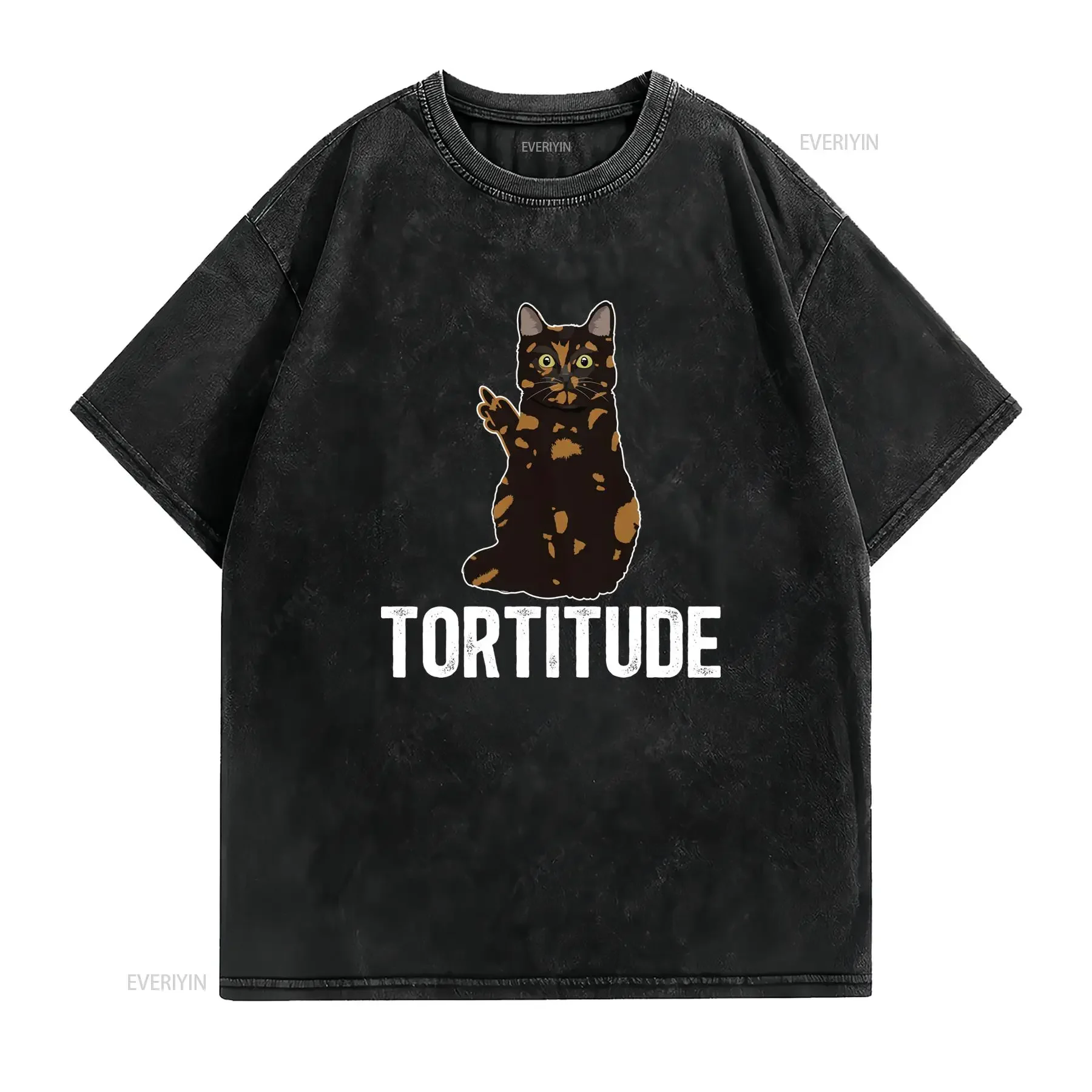 Funny Tortitude Tortoiseshell Cat Middle Finger Print Casual T Shirt vintage Washed homme Unisex designer clothes Versatile