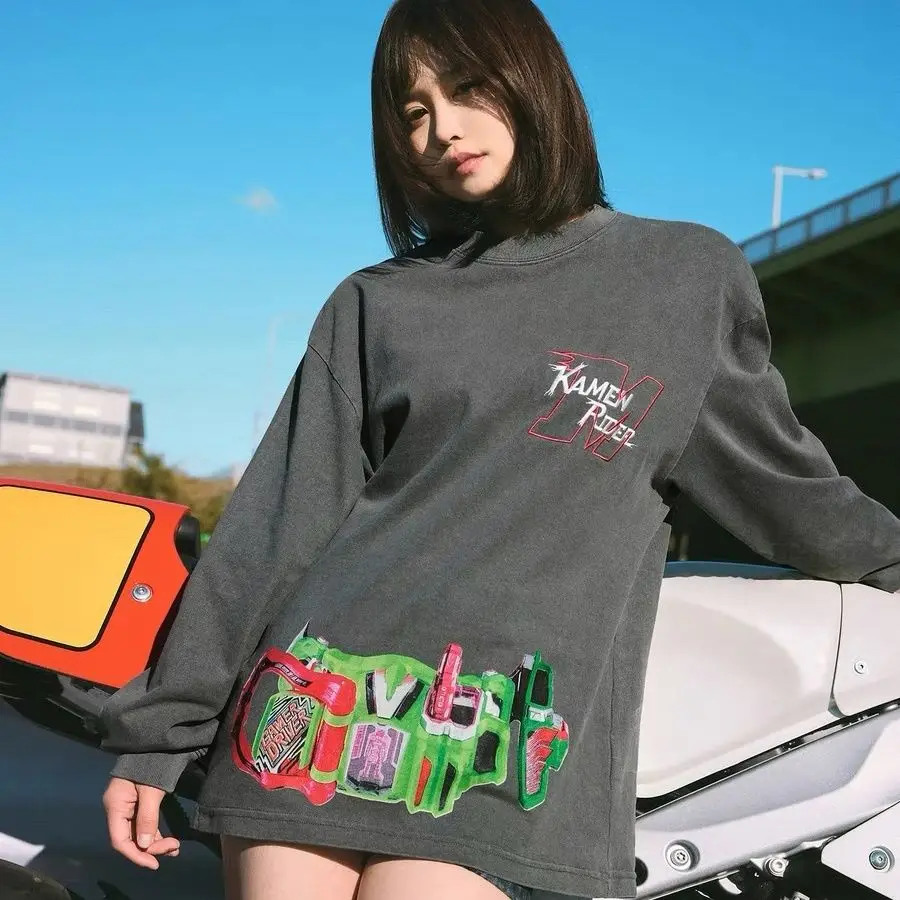 仮面ライダー変身ベルトコス長袖Tシャツ、アメリカンヴィンテージカジュアルトップ