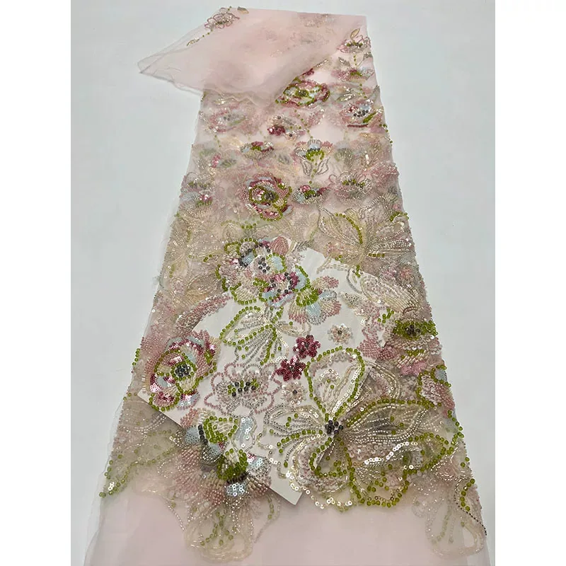Tela de malla de 5 yardas multicolor con bordado de flores y cuentas, tela con bordado para vestido de novia, material de bricolaje para confección de ropa.