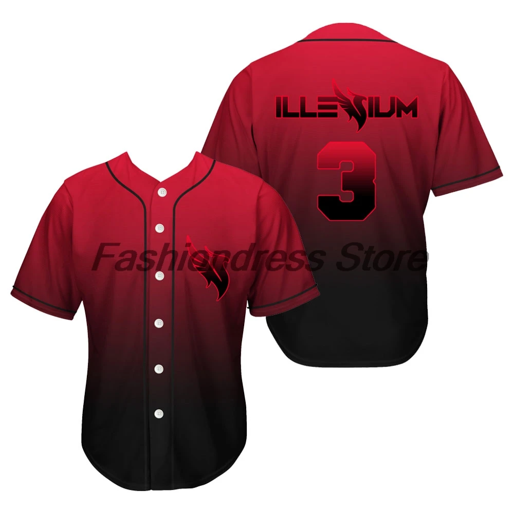

Illenium Black Red Gradient Rave Baseball Jersey V-Neck Short Sleeve Button-Down Shirts Women Men Streetwear Tops