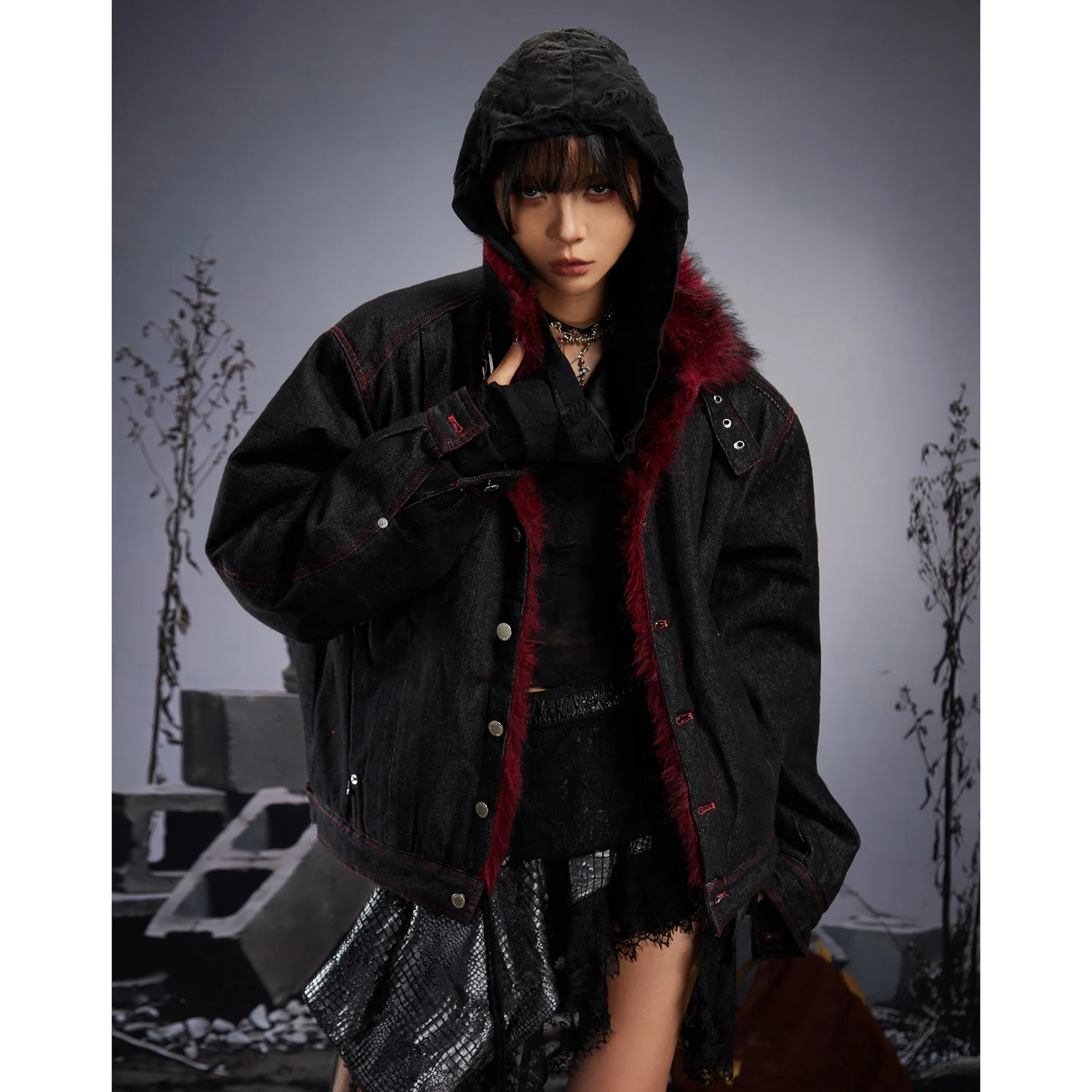 Men Women Winter American Streetwear Fashion Vintage Splice Denim Quilted Warm Thicken Faux Fur Short Parkas Jacket Coat