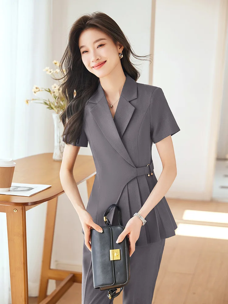 

Gray Short Sleeve Suit Women's Summer2024New High-End Goddess Temperament Work Clothes Small Business Suit