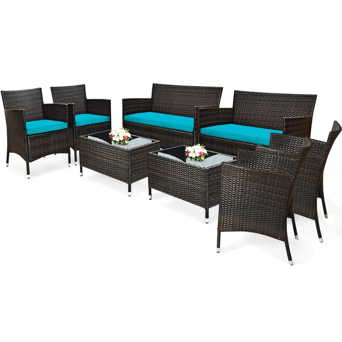 

8PCS Rattan Patio Furniture Set Cushioned Sofa Chair Coffee Table