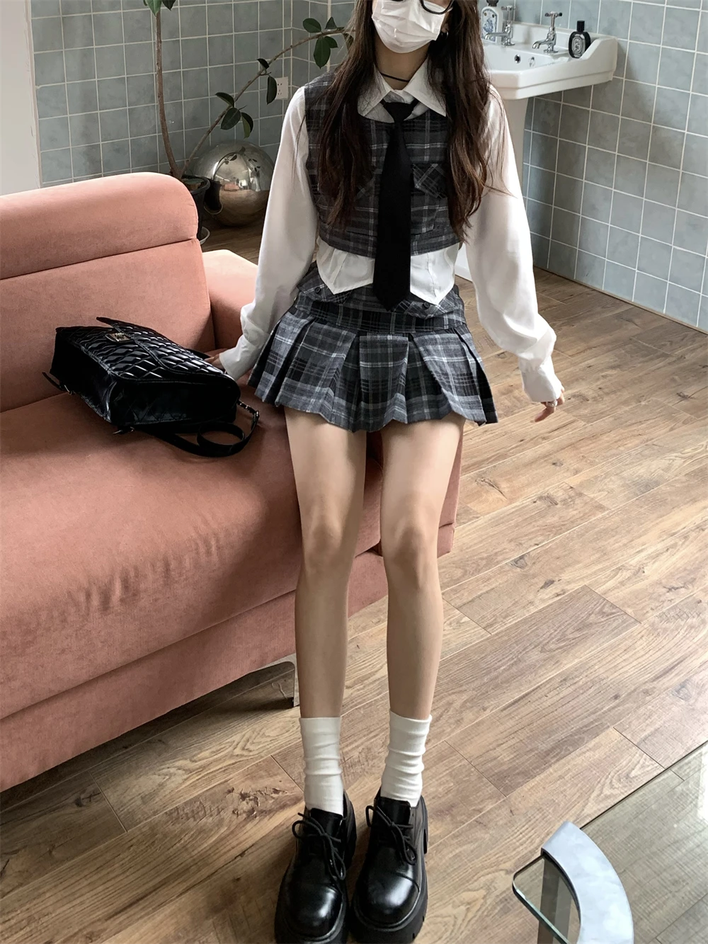 

Комплект из клетчатого жилета и юбки с высокой талией, женский модный комплект из двух предметов в стиле колледж, осенняя коллекция, молодежный образ