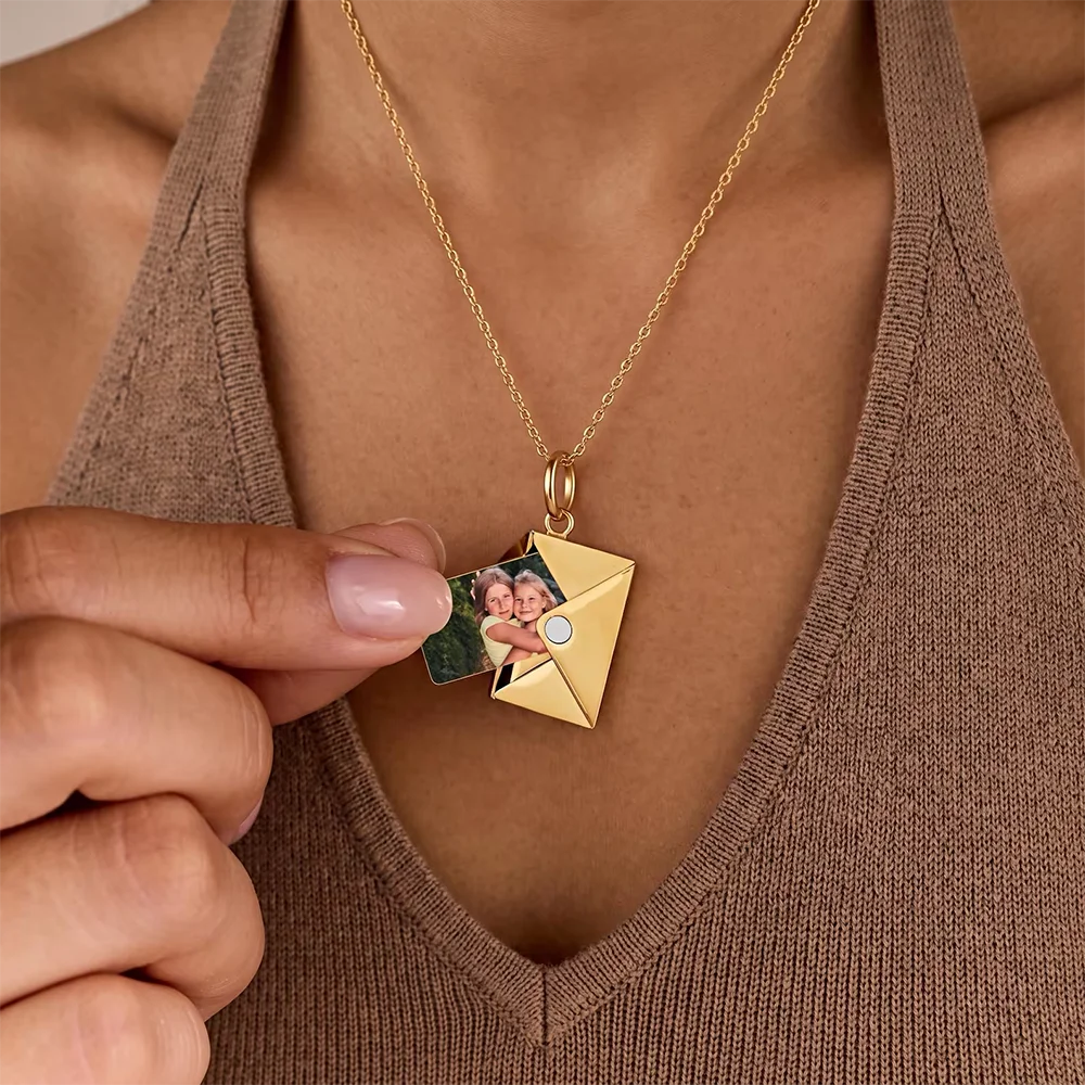Custom Colors Photo Envelope Necklace Stainless Steel Laser Engrave Picture Logo Text Family Friend Couple Jewelry Party Gift